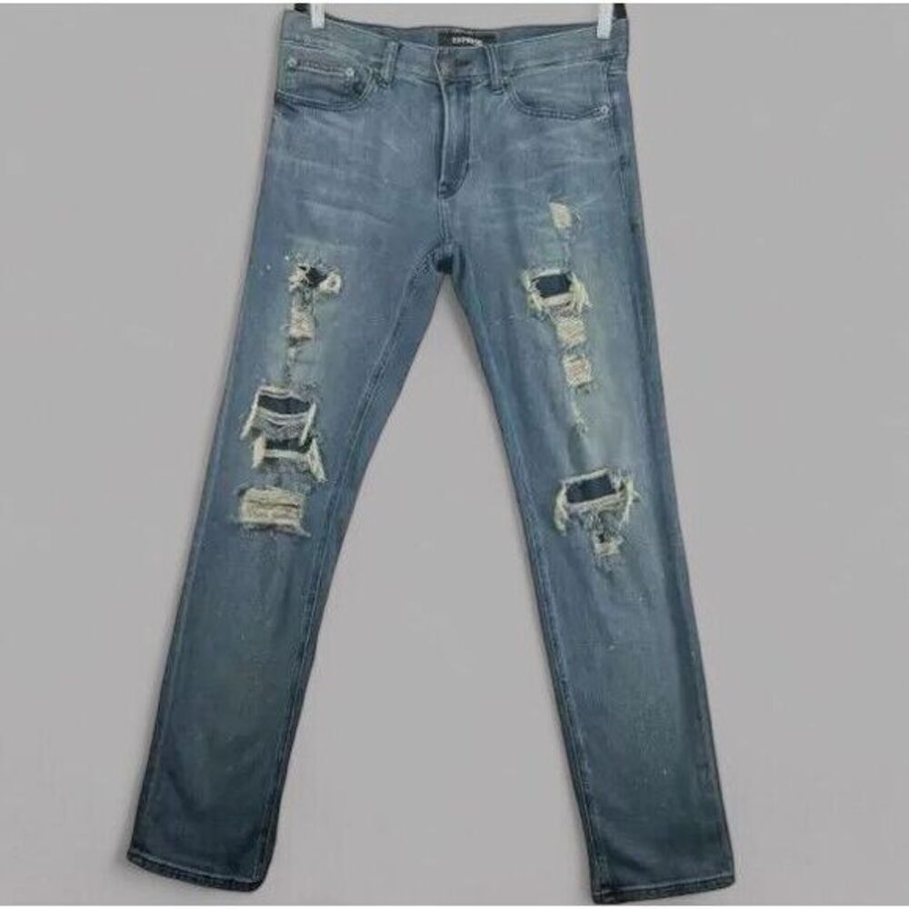Express Jeans Mens 32x34 Slim Denim Bleach Splatter Ripped Destroyed Thrasher‎